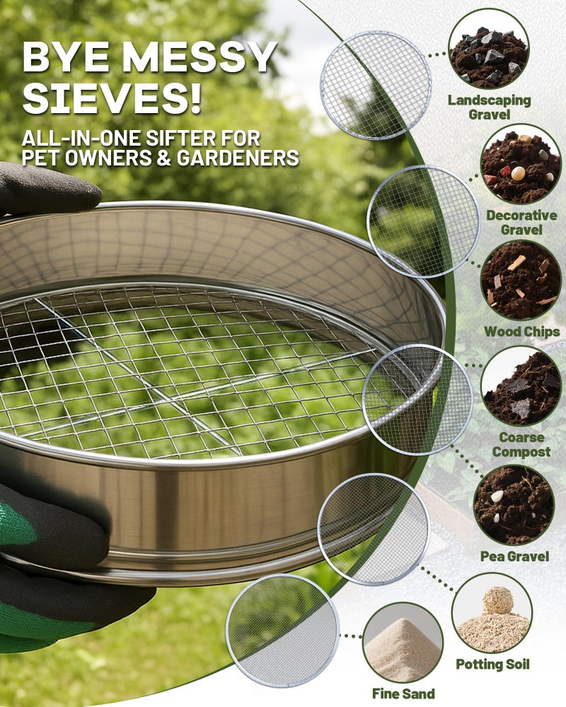 HIPULX 5-in-1 Soil Sifter Set with 5 Replaceable Stainless Steel Mesh Screen & Shovel (1/8" to 1/2"), Soil Sifter for Soils, Compost, Bonsai, Cat Litter and Moreï¼ˆ11-5/8" Diameterï¼‰ - Image 5