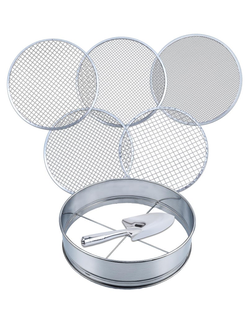 HIPULX 5-in-1 Soil Sifter Set with 5 Replaceable Stainless Steel Mesh Screen & Shovel (1/8" to 1/2"), Soil Sifter for Soils, Compost, Bonsai, Cat Litter and Moreï¼ˆ11-5/8" Diameterï¼‰ - Image 1
