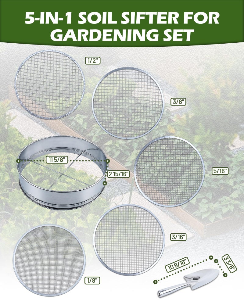 HIPULX 5-in-1 Soil Sifter Set with 5 Replaceable Stainless Steel Mesh Screen & Shovel (1/8" to 1/2"), Soil Sifter for Soils, Compost, Bonsai, Cat Litter and Moreï¼ˆ11-5/8" Diameterï¼‰ - Image 3