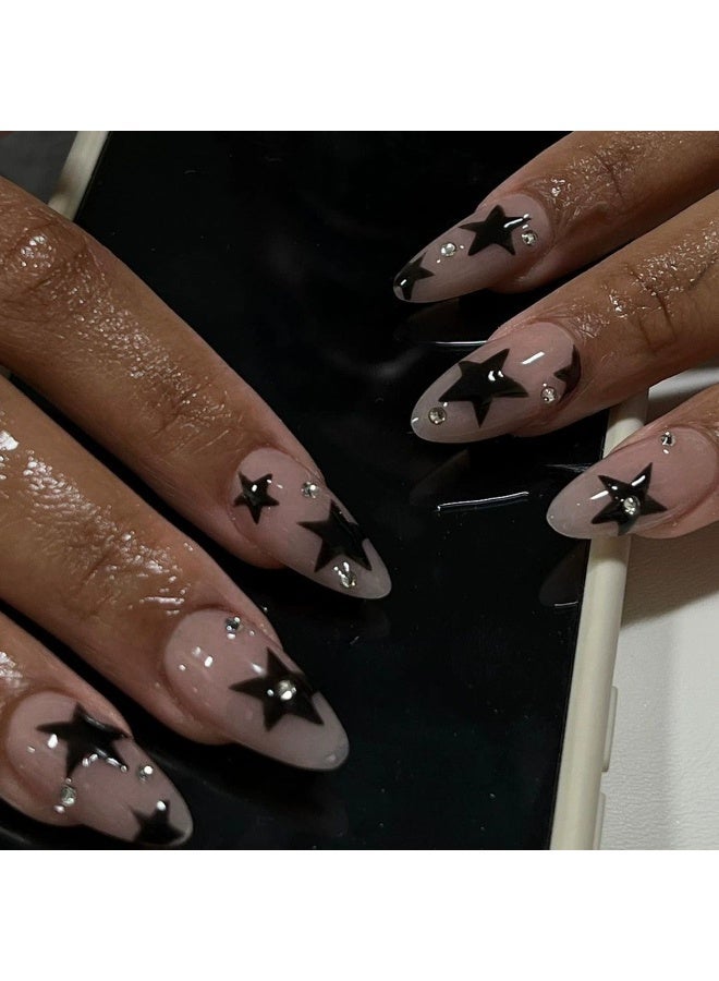 Goolsky 24pcs Nude Pink Almond Fake Nails, Black Star Press On Nails With Rhinestone Design, Glossy Full Cover False Nails For Women And Girls, Halloween Nails - Image 1