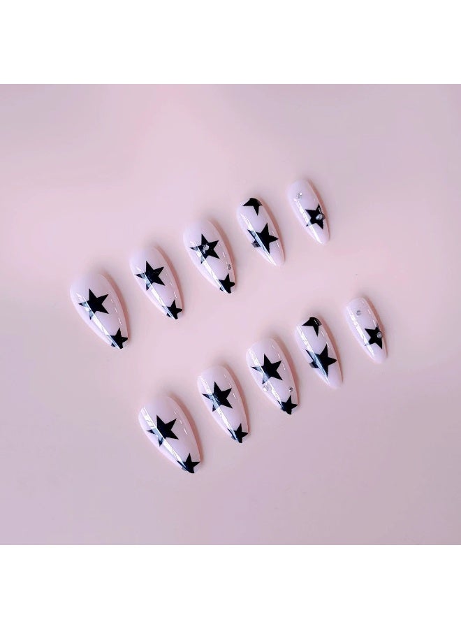 Goolsky 24pcs Nude Pink Almond Fake Nails, Black Star Press On Nails With Rhinestone Design, Glossy Full Cover False Nails For Women And Girls, Halloween Nails - Image 4