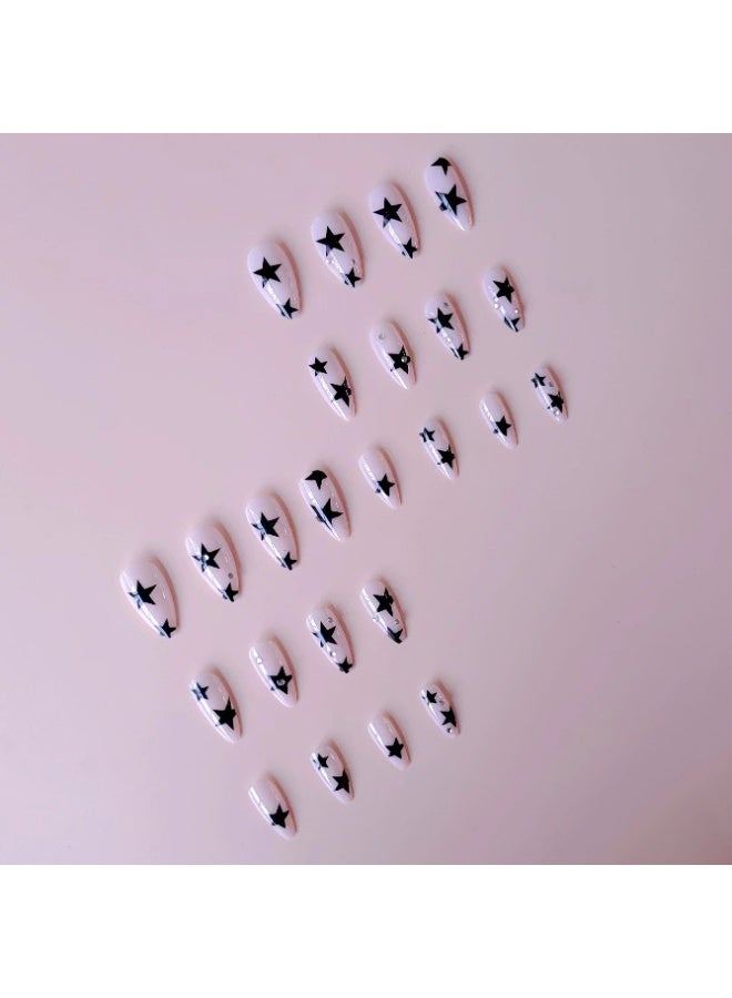 Goolsky 24pcs Nude Pink Almond Fake Nails, Black Star Press On Nails With Rhinestone Design, Glossy Full Cover False Nails For Women And Girls, Halloween Nails - Image 2