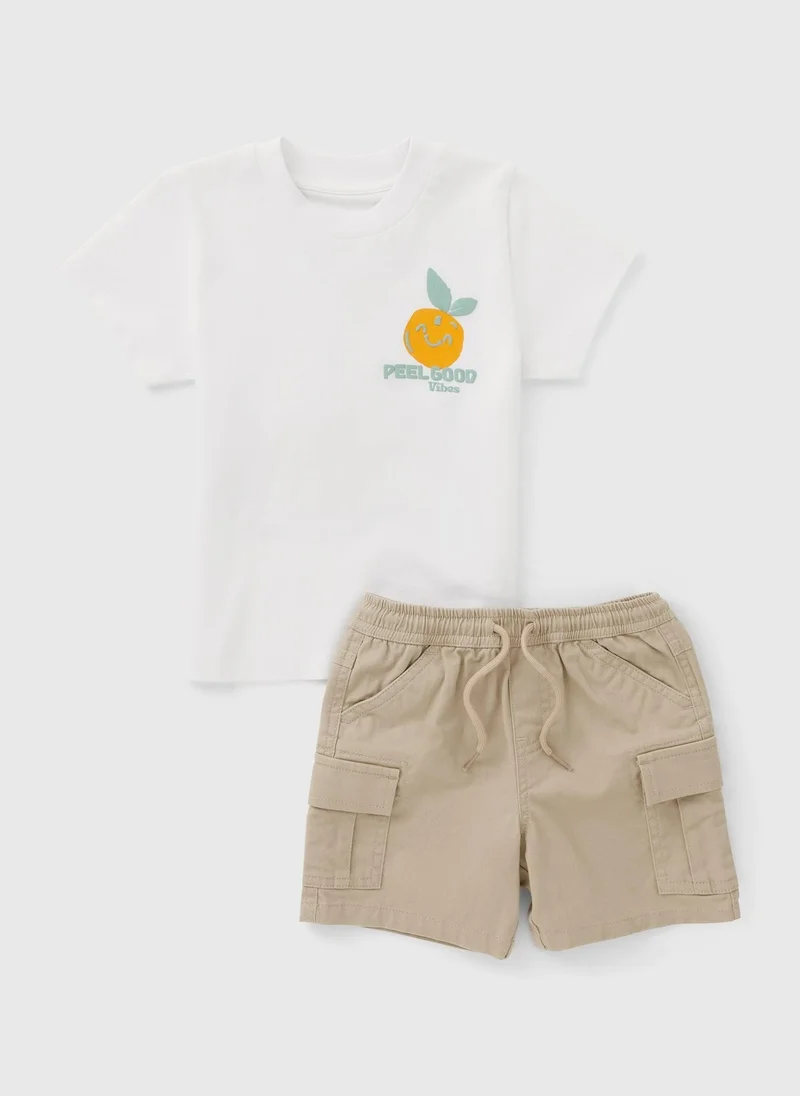 Matalan Boys White Orange Graphic Top & Cargo Shorts