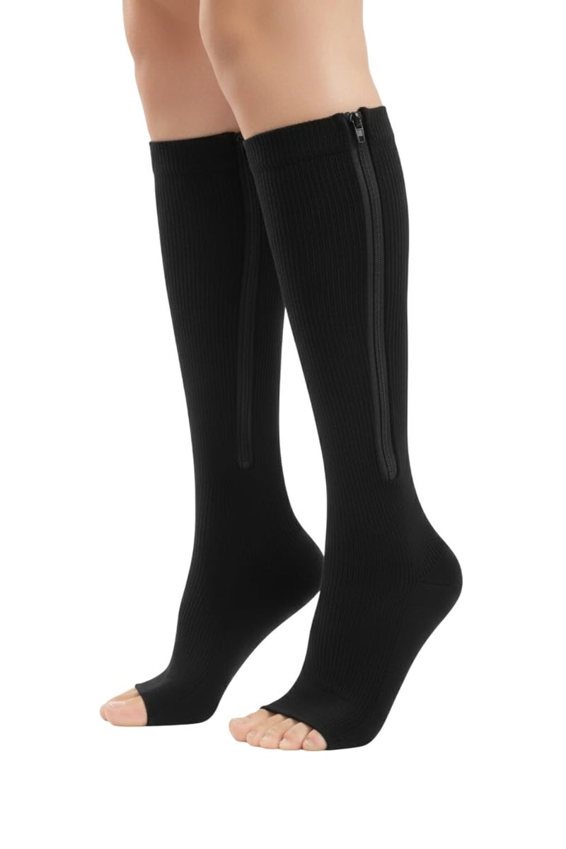 Cetaplast Copper Magnetic Zipper Compression Socks for Men & Women – Open-Toe Knee-High Graduated Support for Edema, DVT, Varicose Veins, Swelling, Pain Relief & Travel Black - L/XL - Image 1