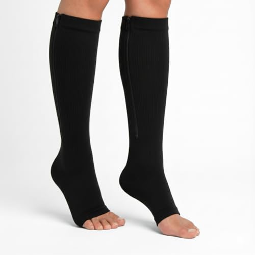 Cetaplast Copper Magnetic Zipper Compression Socks for Men & Women – Open-Toe Knee-High Graduated Support for Edema, DVT, Varicose Veins, Swelling, Pain Relief & Travel Black - L/XL - Image 2