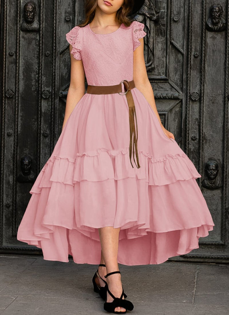 HOSIKA Girls Vintage Floral Lace Boho Ruffle Swing Birthday Party Holiday Flower Girl Dress for Kids 6-12 Years Pink L - Image 2