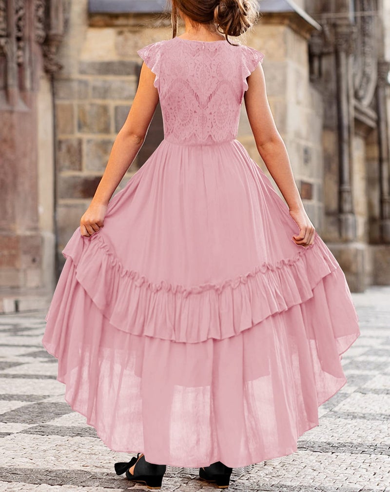 HOSIKA Girls Vintage Floral Lace Boho Ruffle Swing Birthday Party Holiday Flower Girl Dress for Kids 6-12 Years Pink L - Image 5
