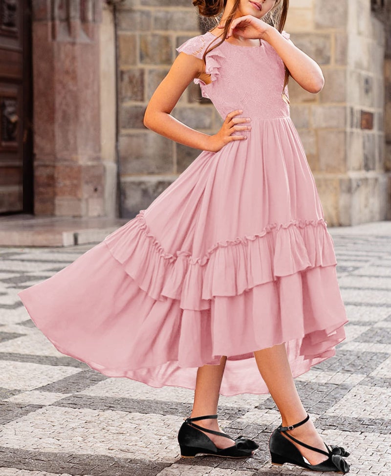 HOSIKA Girls Vintage Floral Lace Boho Ruffle Swing Birthday Party Holiday Flower Girl Dress for Kids 6-12 Years Pink L - Image 4