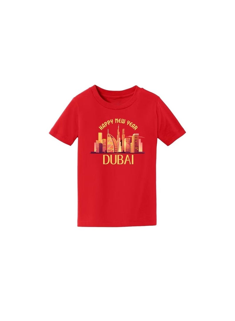 تي شيرت للأولاد من Happy New Year Dubai للأطفال برقبة دائرية وأكمام قصيرة من القطن - سنة جديدة سعيدة مع تصميم دبي - مثالي لاحتفالات حفلات رأس السنة الجديدة - Image 3