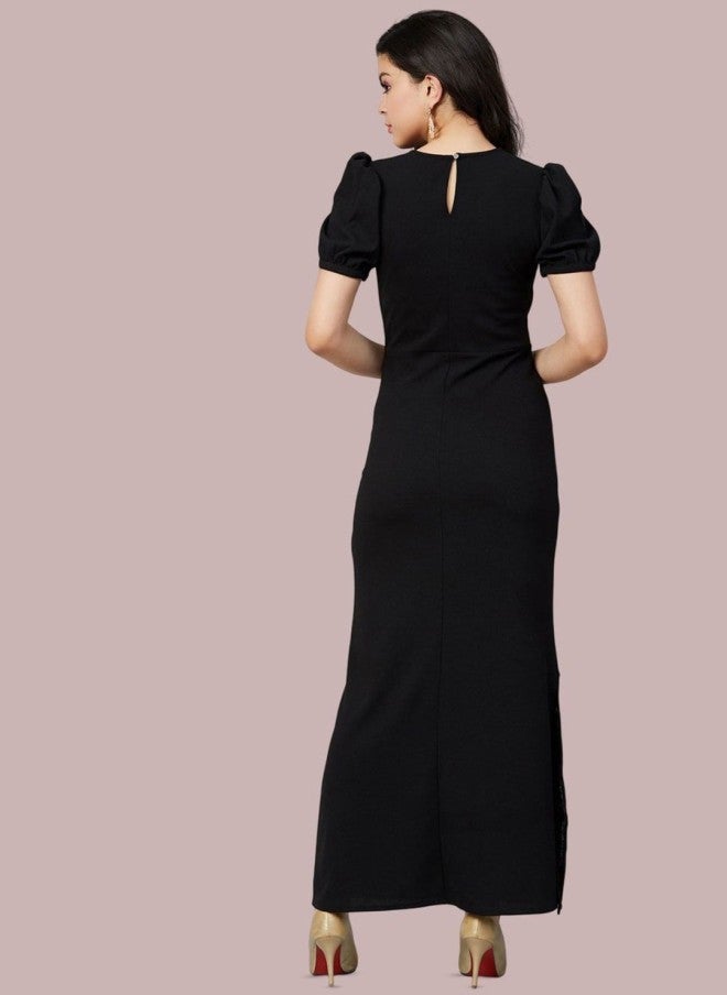 Athena Black Embroidered Puff Sleeve Maxi Dress for Women - Image 5