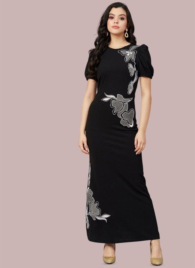 Athena Black Embroidered Puff Sleeve Maxi Dress for Women - Image 1