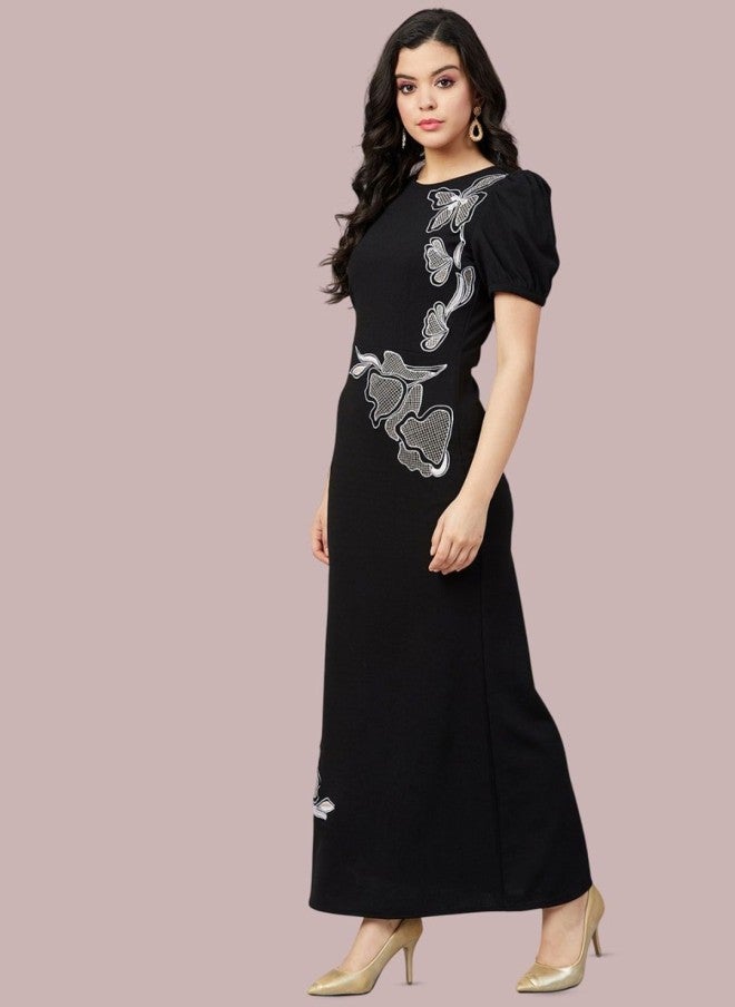 Athena Black Embroidered Puff Sleeve Maxi Dress for Women - Image 4