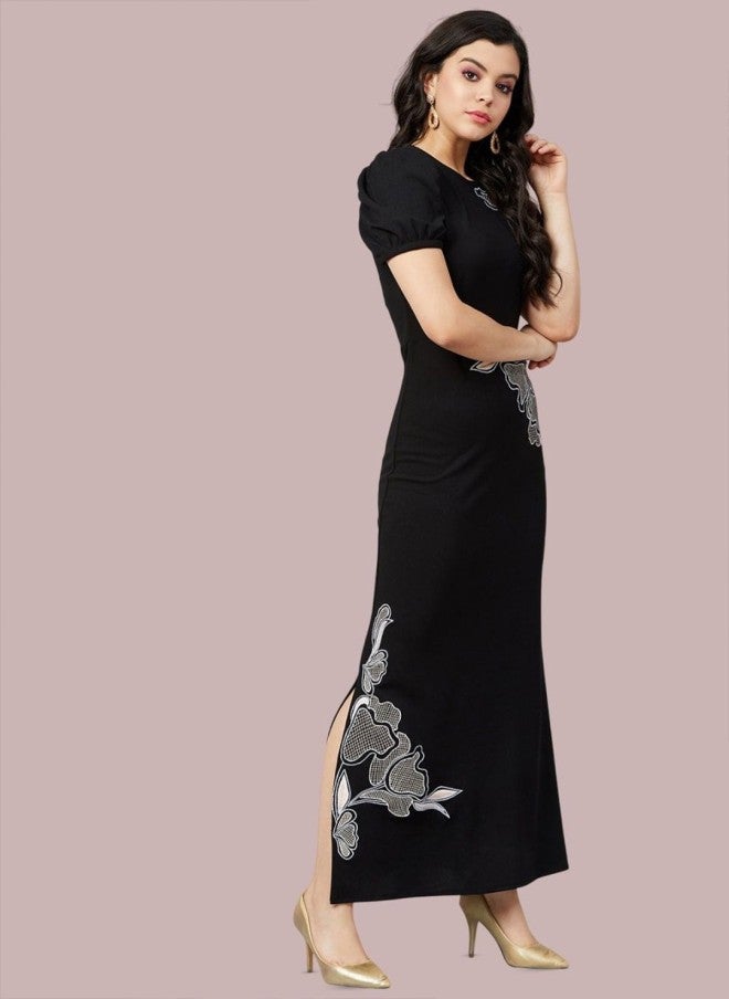 Athena Black Embroidered Puff Sleeve Maxi Dress for Women - Image 3