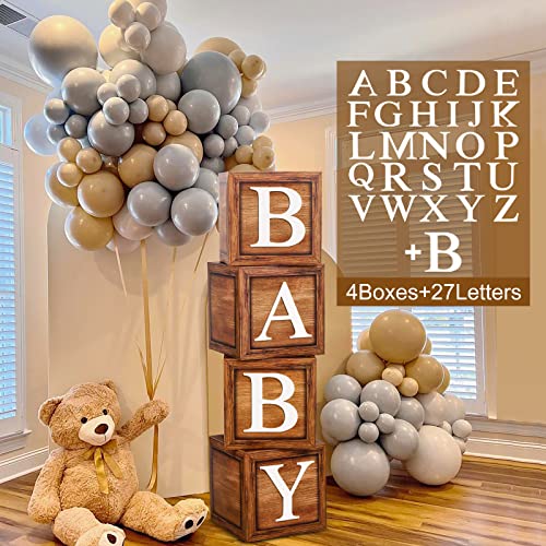 FengRise Brown Baby Balloon Boxes with 27 Letters 4 Pcs Wooden Grain Baby Shower Blocks and AZB Letters Woodland and Teddy Bear Decoration for Baby Shower Gender Reveal 1st Birthday Party Backdrop - Image 1