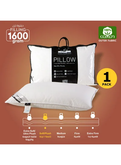 Donetella Cotton Pillow 1 Piece 1600 Gm King Size Bed Pillow 50x75 Cm Hotel Style Double Edge Stitched Premium Gel Fiber Soft Loft White