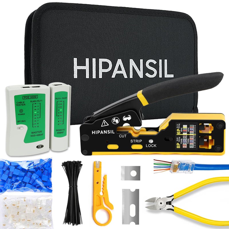 HIPANSIL RJ45 Crimp Tool, Ethernet Crimper Tool Kit With CARRYING CASE, All-In-One Pass Through Network Cable Tool For Cutting, Stripping, Crimping Cat5 Cat6 RJ45 RJ11 RJ12 â€“ Ideal For Home DIY, IT Technicians - Image 1