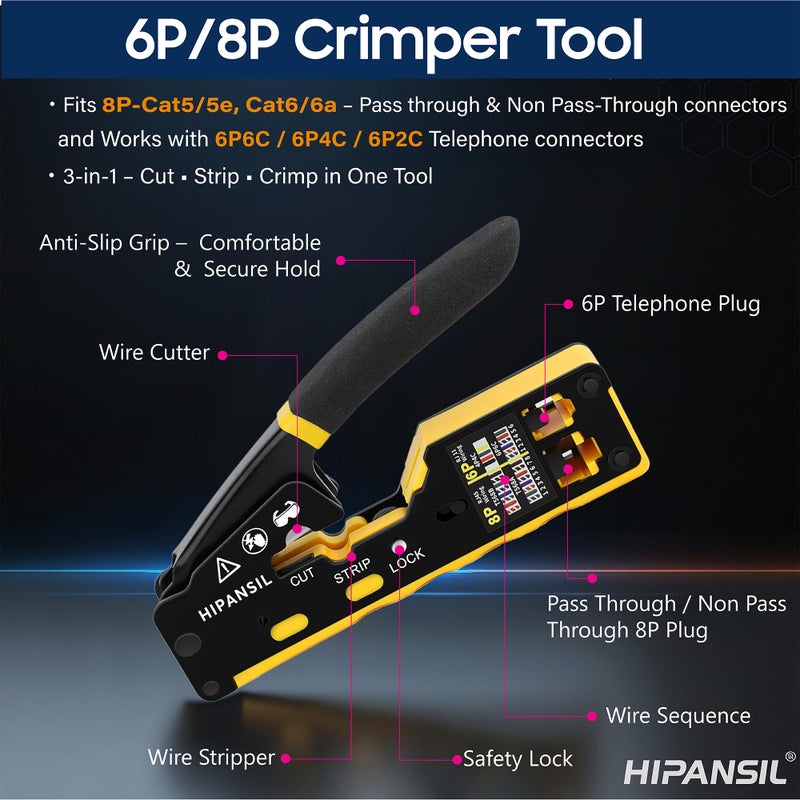 HIPANSIL RJ45 Crimp Tool, Ethernet Crimper Tool Kit With CARRYING CASE, All-In-One Pass Through Network Cable Tool For Cutting, Stripping, Crimping Cat5 Cat6 RJ45 RJ11 RJ12 â€“ Ideal For Home DIY, IT Technicians - Image 4