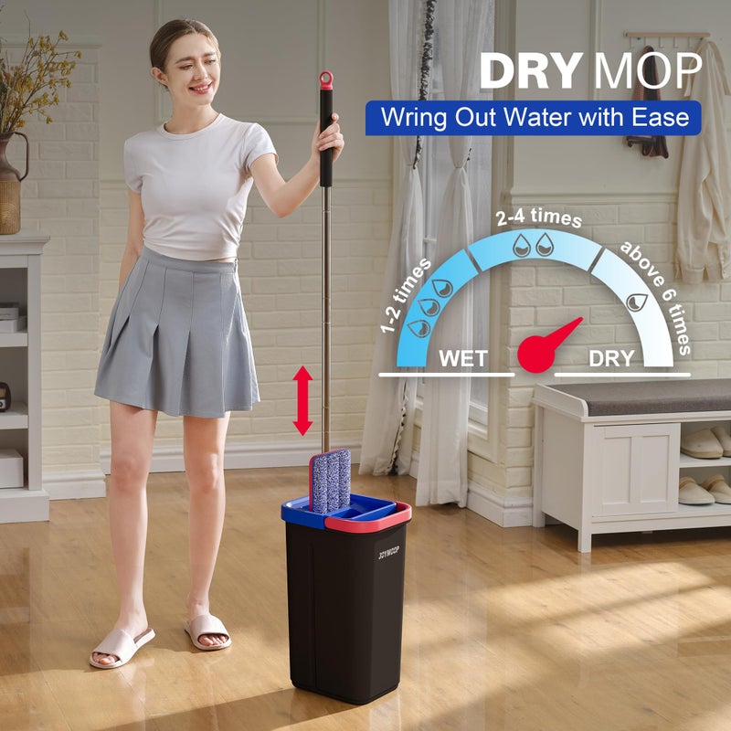 JOYMOOP نظام دلو وممسحة مسطحة من JOYMOOP مع ألياف دقيقة، ممسحات لتنظيف الأرضيات وتنظيف الجدران، للأرضيات الخشبية، والبلاط، واللامينيت، والفينيل، والجدران الملساء، ونوافذ الزجاج - ممسحة مسطحة 60" + 3 وسادات ألياف دقيقة [أسود] - Image 3