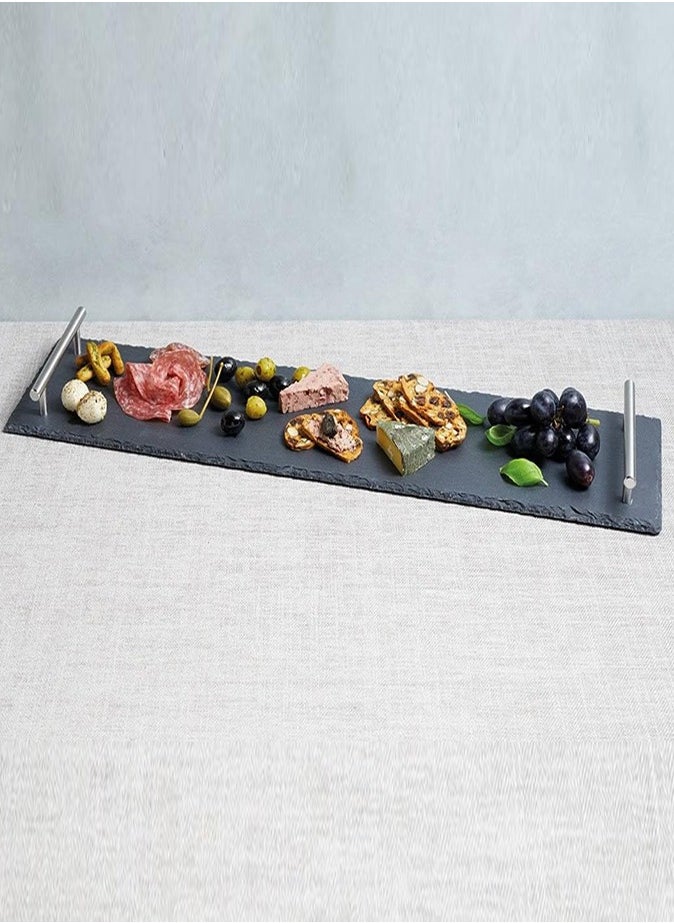 1Chase 1CHASE Natural Stone Slate Serving Tray With Silver Metal Handle, Serving Platter,Cheese Board,Charcuterie Boards for Cheese, Meats, Appetizers, Dried Fruits- Display Chalkboard (35X15 CM)  - Image 1