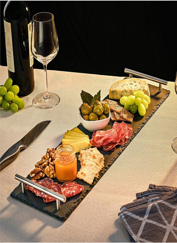 1Chase 1CHASE Natural Stone Slate Serving Tray With Silver Metal Handle, Serving Platter,Cheese Board,Charcuterie Boards for Cheese, Meats, Appetizers, Dried Fruits- Display Chalkboard (35X15 CM)  - Image 2