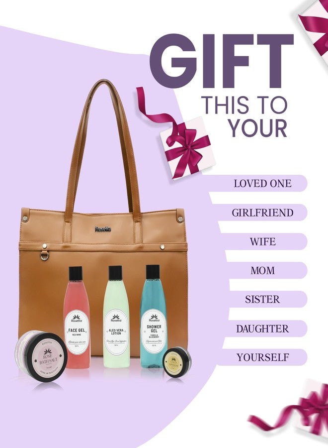 روزيتا مجموعة هدايا التجميل روزيتا 6 في 1 للنساء | حقيبة يد بنية أنيقة مع جل للوجه، لوشن الصبار، جل استحمام، ملح استحمام ومرطب شفاه | مجموعة سبا فاخرة. - Image 3