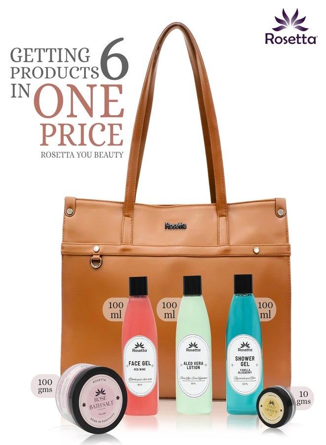 روزيتا مجموعة هدايا التجميل روزيتا 6 في 1 للنساء | حقيبة يد بنية أنيقة مع جل للوجه، لوشن الصبار، جل استحمام، ملح استحمام ومرطب شفاه | مجموعة سبا فاخرة. - Image 2