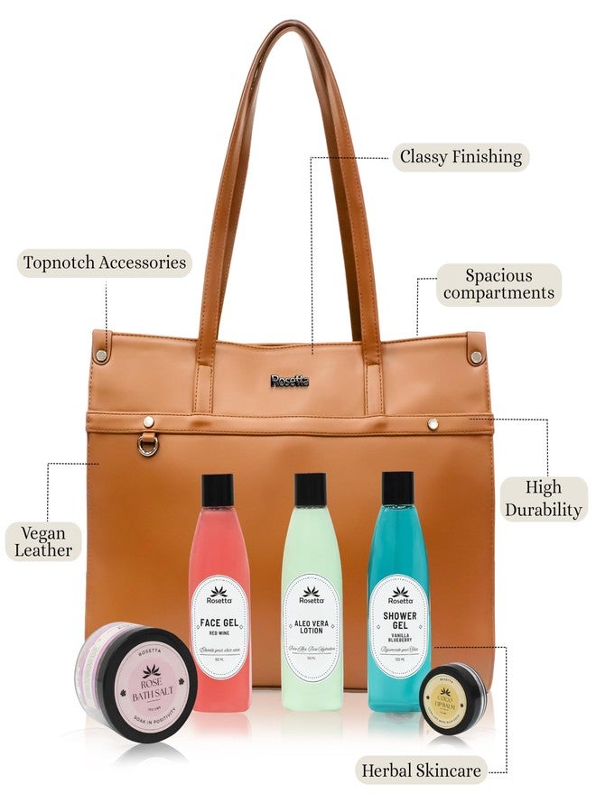 روزيتا مجموعة هدايا التجميل روزيتا 6 في 1 للنساء | حقيبة يد بنية أنيقة مع جل للوجه، لوشن الصبار، جل استحمام، ملح استحمام ومرطب شفاه | مجموعة سبا فاخرة. - Image 5
