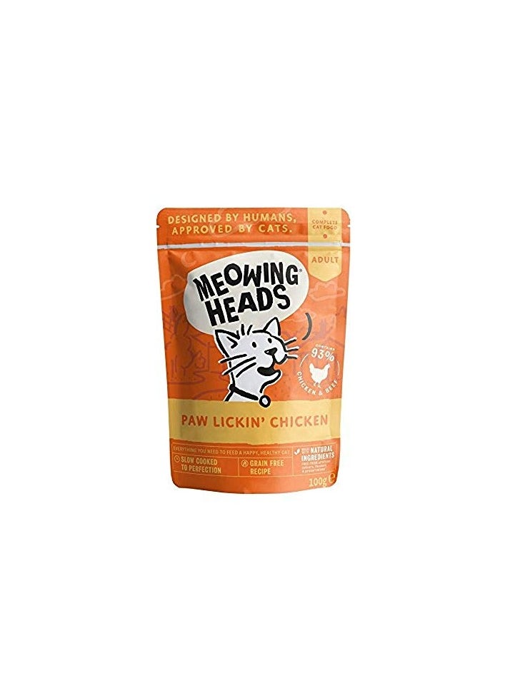 MEOWING HEADS - Wet Cat Food - Paw Lickin' Chicken - 93% Natural Chicken Pouches with No Artificial Flavours, Grain-Free Recipe (10 x 100 g) - Image 1