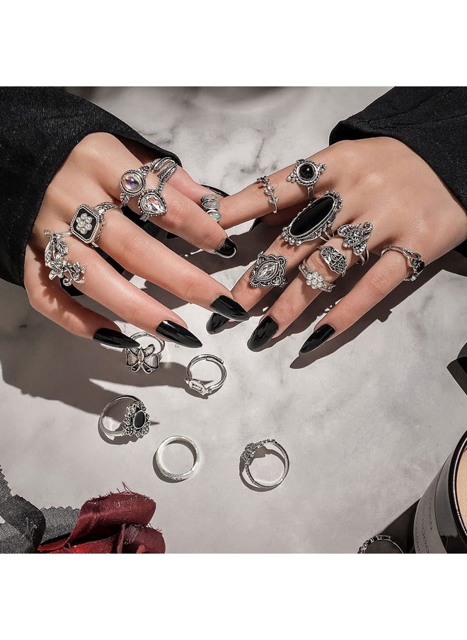 17IF 60 Pcs Vintage Silver Goth Ring Set For Women, Punk Boho Chunky Knuckle Stackable Finger Ring Pack Aesthetic Grunge Adjustable Retro Stone Opal Crystal Cat Snake Flower Gothic Rings  - Image 4