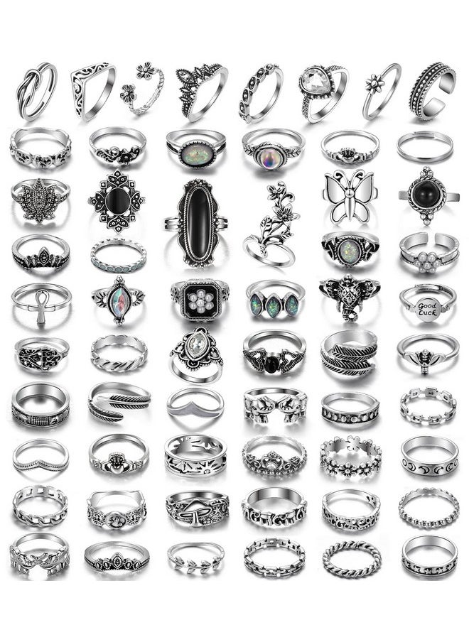 17IF 60 Pcs Vintage Silver Goth Ring Set For Women, Punk Boho Chunky Knuckle Stackable Finger Ring Pack Aesthetic Grunge Adjustable Retro Stone Opal Crystal Cat Snake Flower Gothic Rings  - Image 1