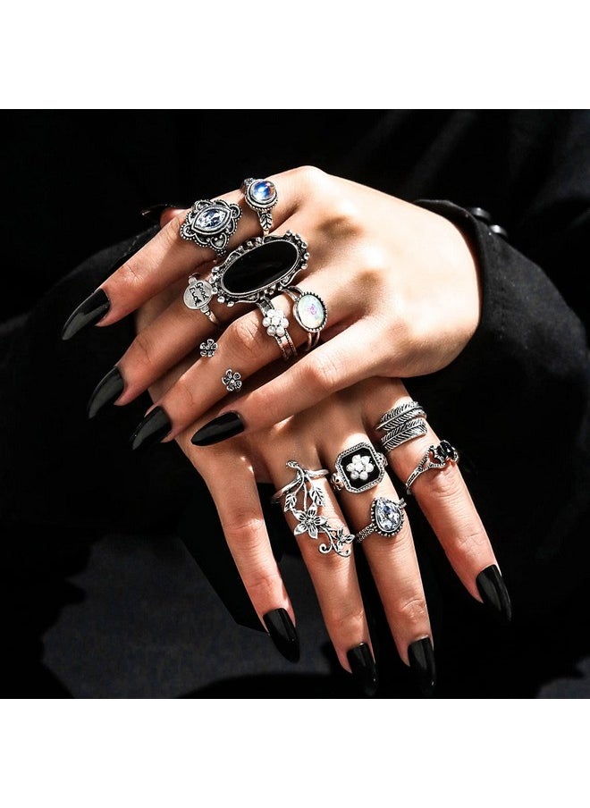 17IF 60 Pcs Vintage Silver Goth Ring Set For Women, Punk Boho Chunky Knuckle Stackable Finger Ring Pack Aesthetic Grunge Adjustable Retro Stone Opal Crystal Cat Snake Flower Gothic Rings  - Image 2