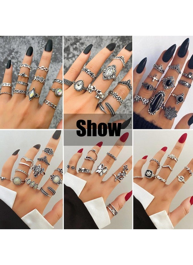 17IF 60 Pcs Vintage Silver Goth Ring Set For Women, Punk Boho Chunky Knuckle Stackable Finger Ring Pack Aesthetic Grunge Adjustable Retro Stone Opal Crystal Cat Snake Flower Gothic Rings  - Image 5