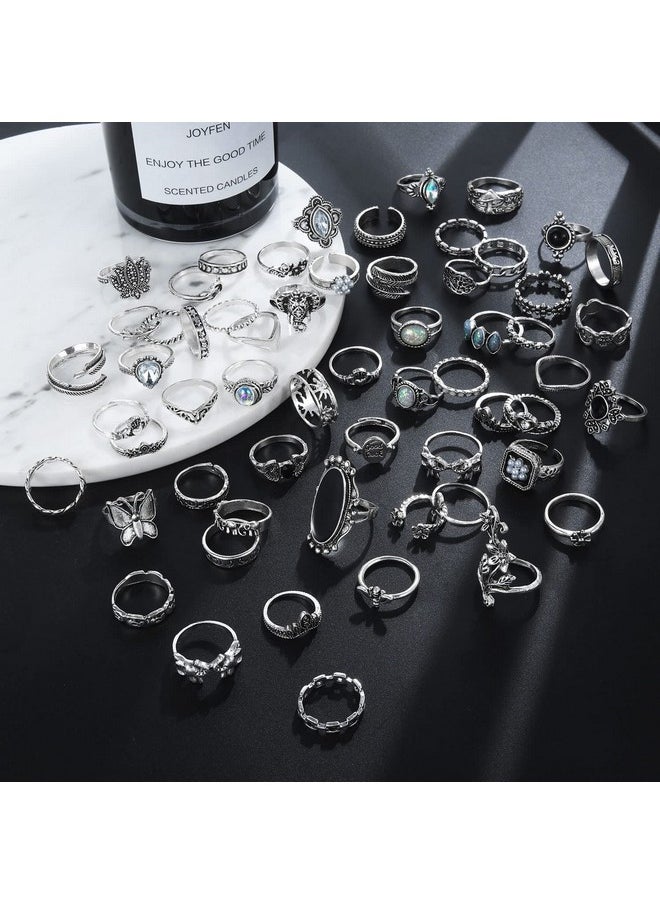 17IF 60 Pcs Vintage Silver Goth Ring Set For Women, Punk Boho Chunky Knuckle Stackable Finger Ring Pack Aesthetic Grunge Adjustable Retro Stone Opal Crystal Cat Snake Flower Gothic Rings  - Image 3