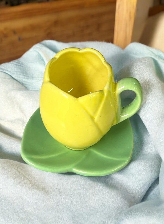 BACKKSPACE RETAIL Ceramic Mug with Unique Lotus Design with Saucer Desert Plate - 350ml | Yellow | Perfect for Coffee Tea Milk | Microwave and Dishwasher Safe | Ideal for Home, Office, Gifting, Diwali - Image 1