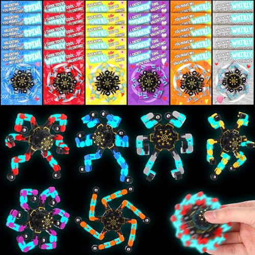 ShinyRelief 24 Pack Valentines Day Cards with Fidget Spinners Glow in The Dark Class Valentines Day Gifts for Kids Party Favors Set Deformable Robot Fidget Toy Exchange Goody Bag Stuffers Game Prize - Image 1