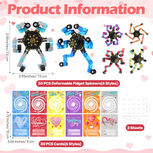 ShinyRelief 24 Pack Valentines Day Cards with Fidget Spinners Glow in The Dark Class Valentines Day Gifts for Kids Party Favors Set Deformable Robot Fidget Toy Exchange Goody Bag Stuffers Game Prize - Image 5