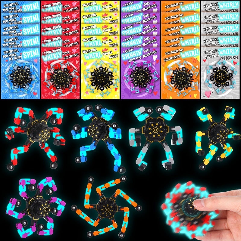 ShinyRelief 24 Pack Valentines Day Cards with Fidget Spinners Glow in The Dark Class Valentines Day Gifts for Kids Party Favors Set Deformable Robot Fidget Toy Exchange Goody Bag Stuffers Game Prize - Image 3