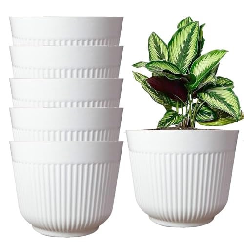 IMAGINEA 12 Inch Flower Pot Big Size Planters Plastic Durable Large Gamla Decorative Indoor Outdoor Gardening Pots for Home Terrace Lawn Balcony Nursery (White, Pack of 6) - Image 1