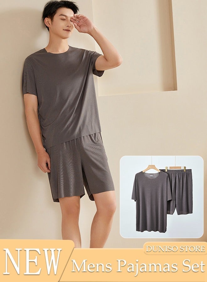 DUNISO Men's Pajamas Set Short Sleeve Summer Relaxed Pajamas Round Neck High Elastic Breathable Thin Pajamas Set - Image 1