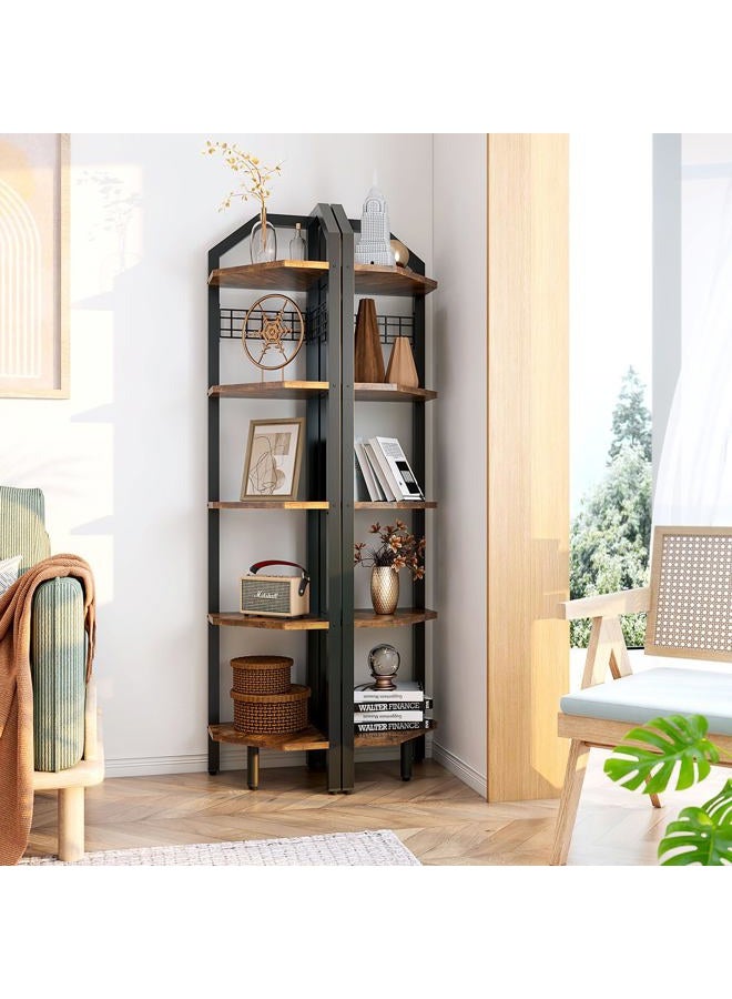 YMYNY 5 Tier Corner Shelf, Storage Shelf Unit Multi-Purpose Bookshelf Plant Stand, for Living Room, Bathroom, Kitchen, Bedroom, Office, Industrial Rustic Brown HBR006H - Image 5
