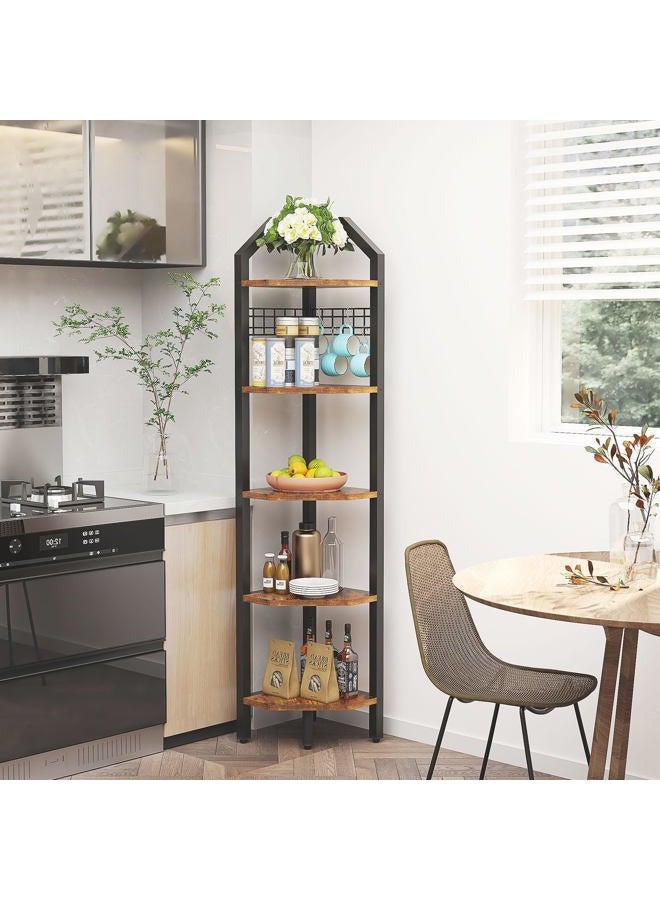 YMYNY 5 Tier Corner Shelf, Storage Shelf Unit Multi-Purpose Bookshelf Plant Stand, for Living Room, Bathroom, Kitchen, Bedroom, Office, Industrial Rustic Brown HBR006H - Image 3
