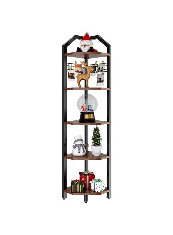 YMYNY 5 Tier Corner Shelf, Storage Shelf Unit Multi-Purpose Bookshelf Plant Stand, for Living Room, Bathroom, Kitchen, Bedroom, Office, Industrial Rustic Brown HBR006H - Image 1