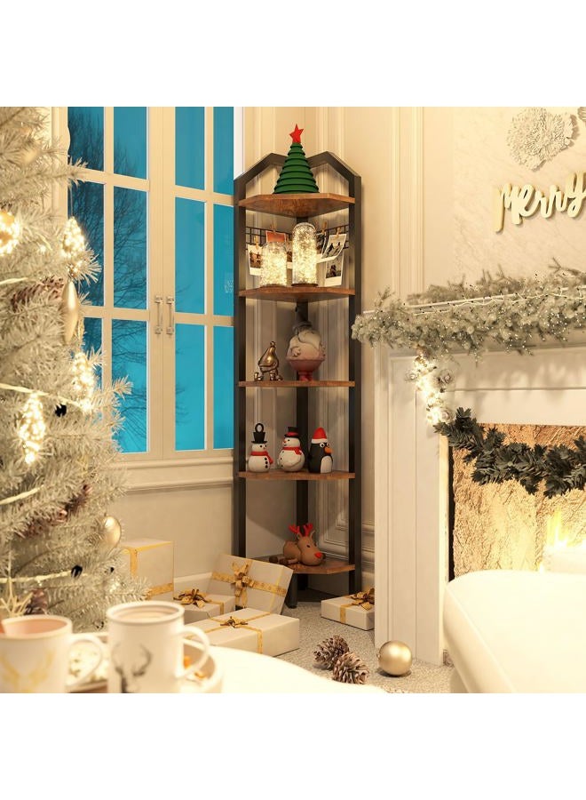 YMYNY 5 Tier Corner Shelf, Storage Shelf Unit Multi-Purpose Bookshelf Plant Stand, for Living Room, Bathroom, Kitchen, Bedroom, Office, Industrial Rustic Brown HBR006H - Image 4