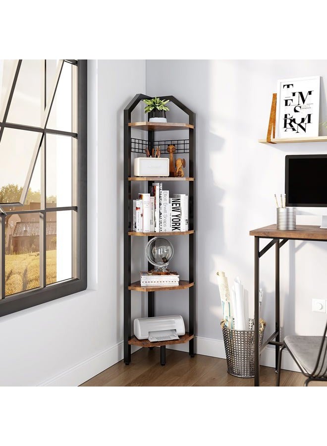 YMYNY 5 Tier Corner Shelf, Storage Shelf Unit Multi-Purpose Bookshelf Plant Stand, for Living Room, Bathroom, Kitchen, Bedroom, Office, Industrial Rustic Brown HBR006H - Image 2