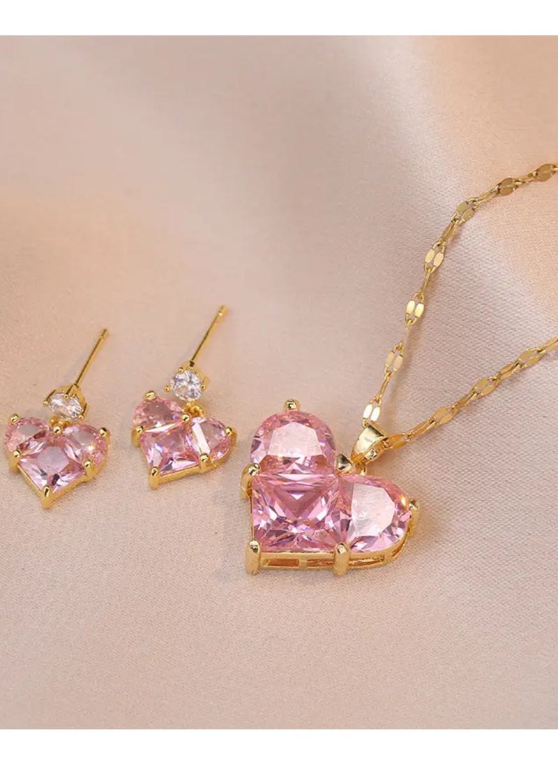 إيكوال طقم اكسسوارات سلسال وحلق اذن نسائي مصنوع من الاستانلس ستيل مطلي باللون الذهبي ومرصع بالزركون - Image 1