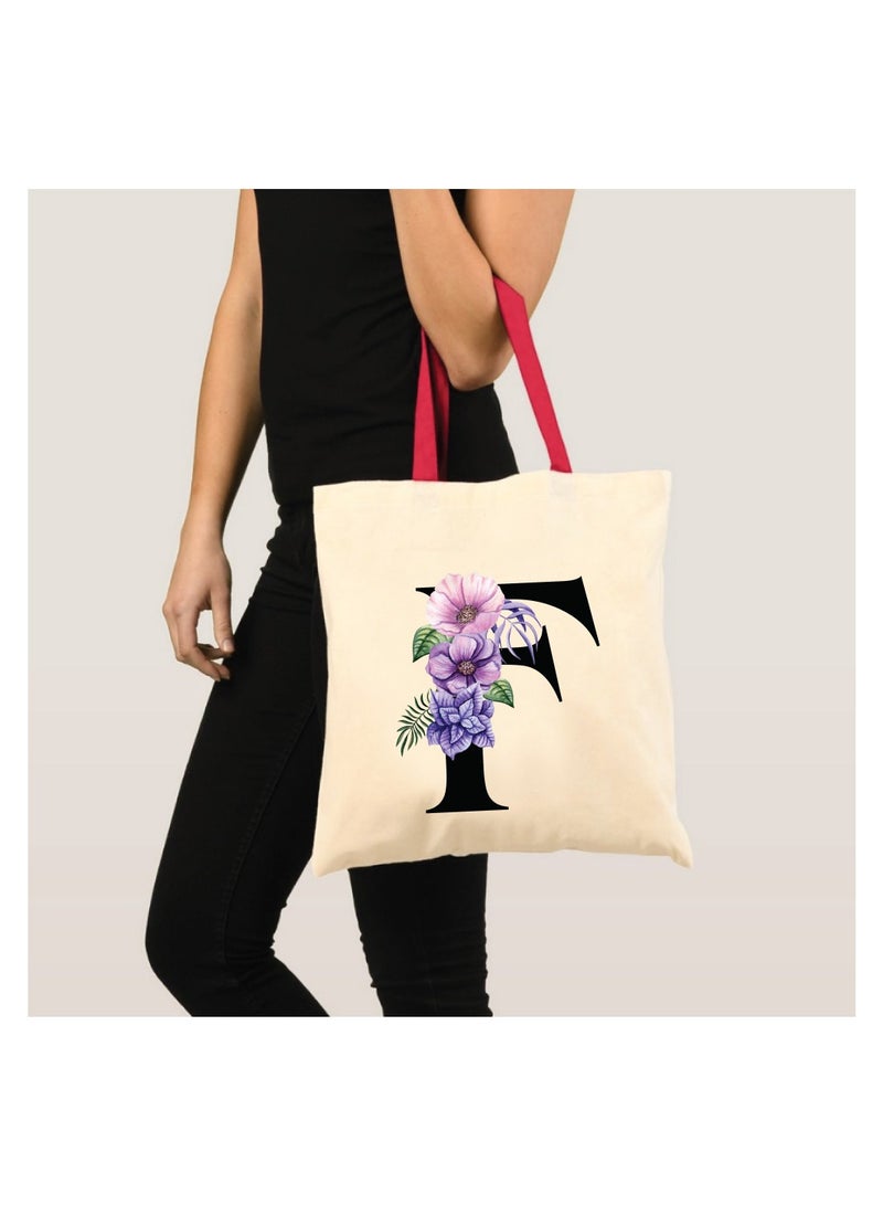PRINTSHOP4ME Initial Letters Canvas Cotton Tote Bag With Red Handle-Ideal Gifts For Bridesmaids-Party Bag  - Image 3