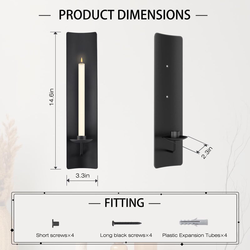 OYEFLY 2 Pcs Candle Sconces,Metal Wall Candle Holders (Black) - Image 2