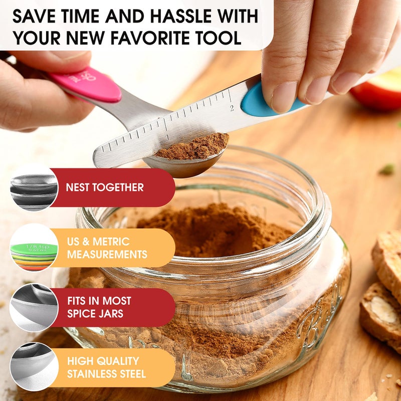 Spring Chef Stainless Steel Magnetic Measuring Spoons Set of 8 with Leveler, Nesting Metal Teaspoon & Tablespoon Measuring Spoons, Kitchen Gadgets for Baking & Cooking, Fits in Most Spice Jars - Neon - Image 5