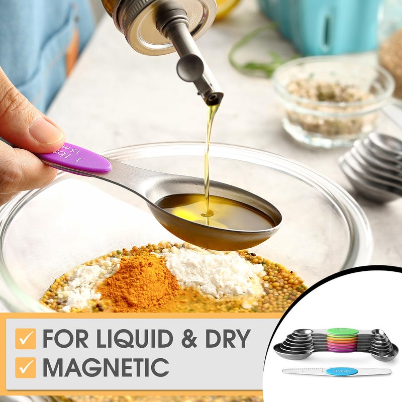 Spring Chef Stainless Steel Magnetic Measuring Spoons Set of 8 with Leveler, Nesting Metal Teaspoon & Tablespoon Measuring Spoons, Kitchen Gadgets for Baking & Cooking, Fits in Most Spice Jars - Neon - Image 4