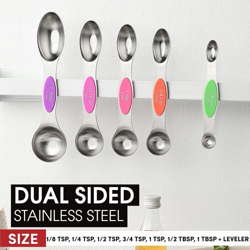 Spring Chef Stainless Steel Magnetic Measuring Spoons Set of 8 with Leveler, Nesting Metal Teaspoon & Tablespoon Measuring Spoons, Kitchen Gadgets for Baking & Cooking, Fits in Most Spice Jars - Neon - Image 3